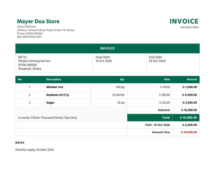An invoice made in Hishabghor