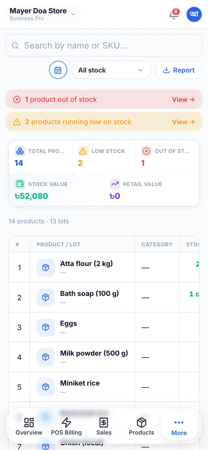 The Hishabghor stock page with products, quantities and value